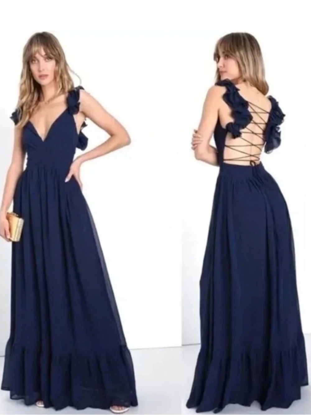 Lulu's Navy Blue Backless Ruffle-Strap Maxi Dress